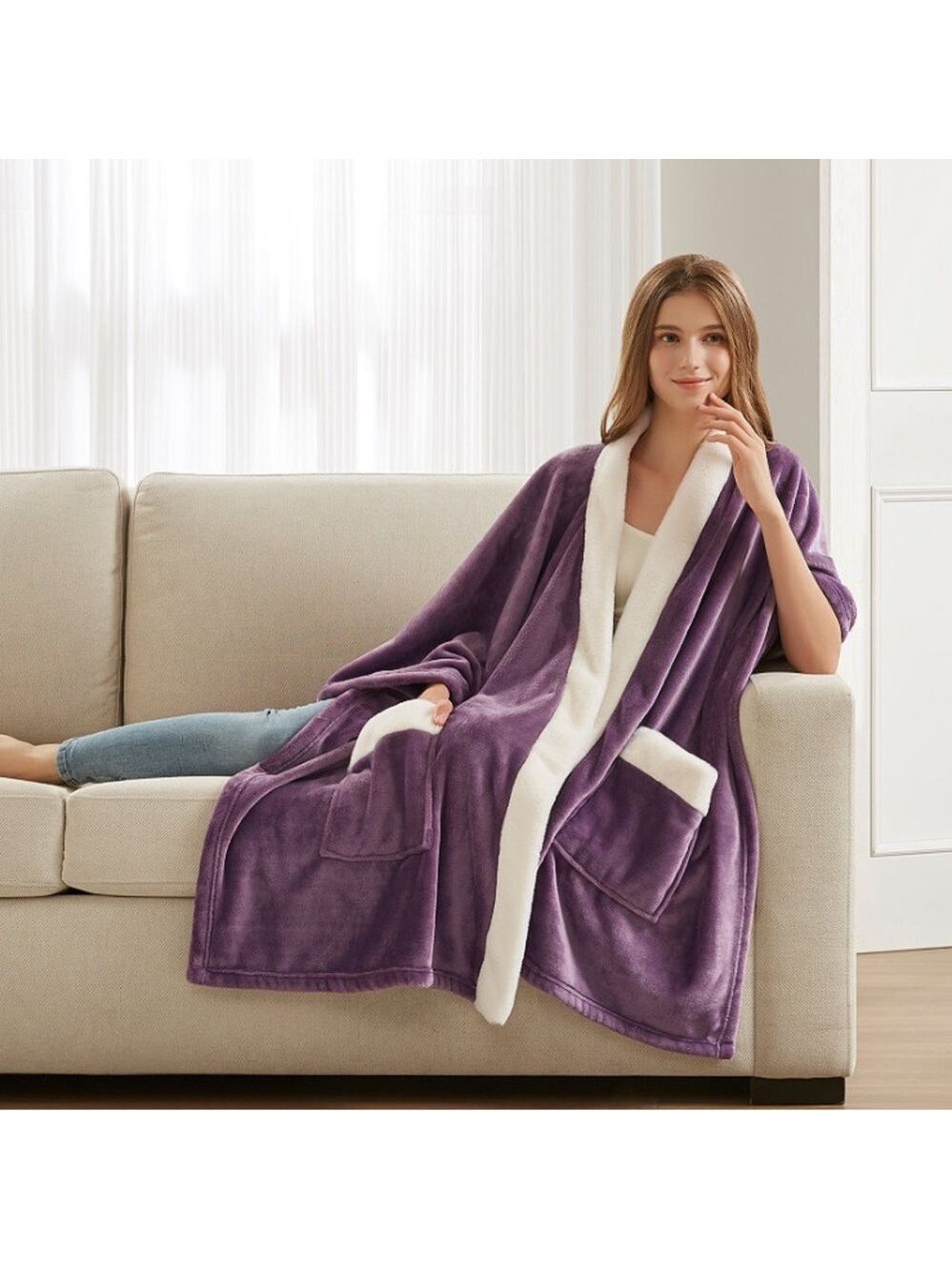 PURPLE !! Women's Purple Fleece Wrap Coat Deep Pockets Fall Winter NEW WITH TAGS - Picture 6 of 8